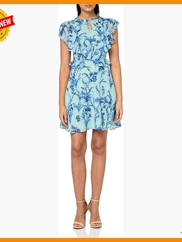 Fit Flare Dress With Ruffle Flutter Sleeves Keyhole Neck Chiffon